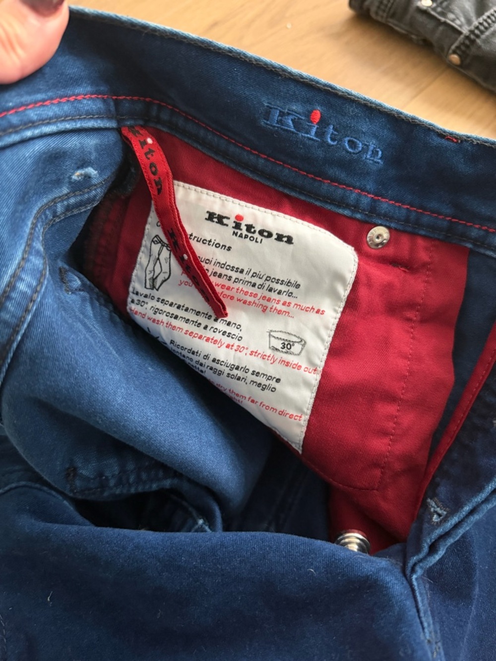Kiton Napoli Men’s Blue Jeans with Red Pocket Lining